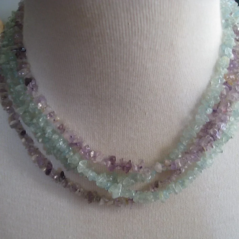Vtg Amethyst & Aquamarine Chip Nugget Necklace Strand String Gemstone 35